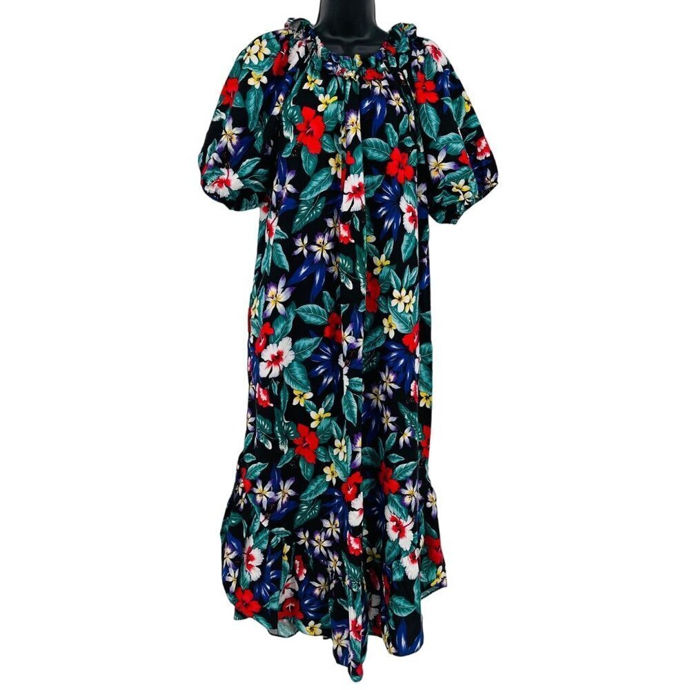 Vintage Women's Hawaiian‎ Maxi Dress Size L Puff Sleeves Ruffled Tropical Cotton
